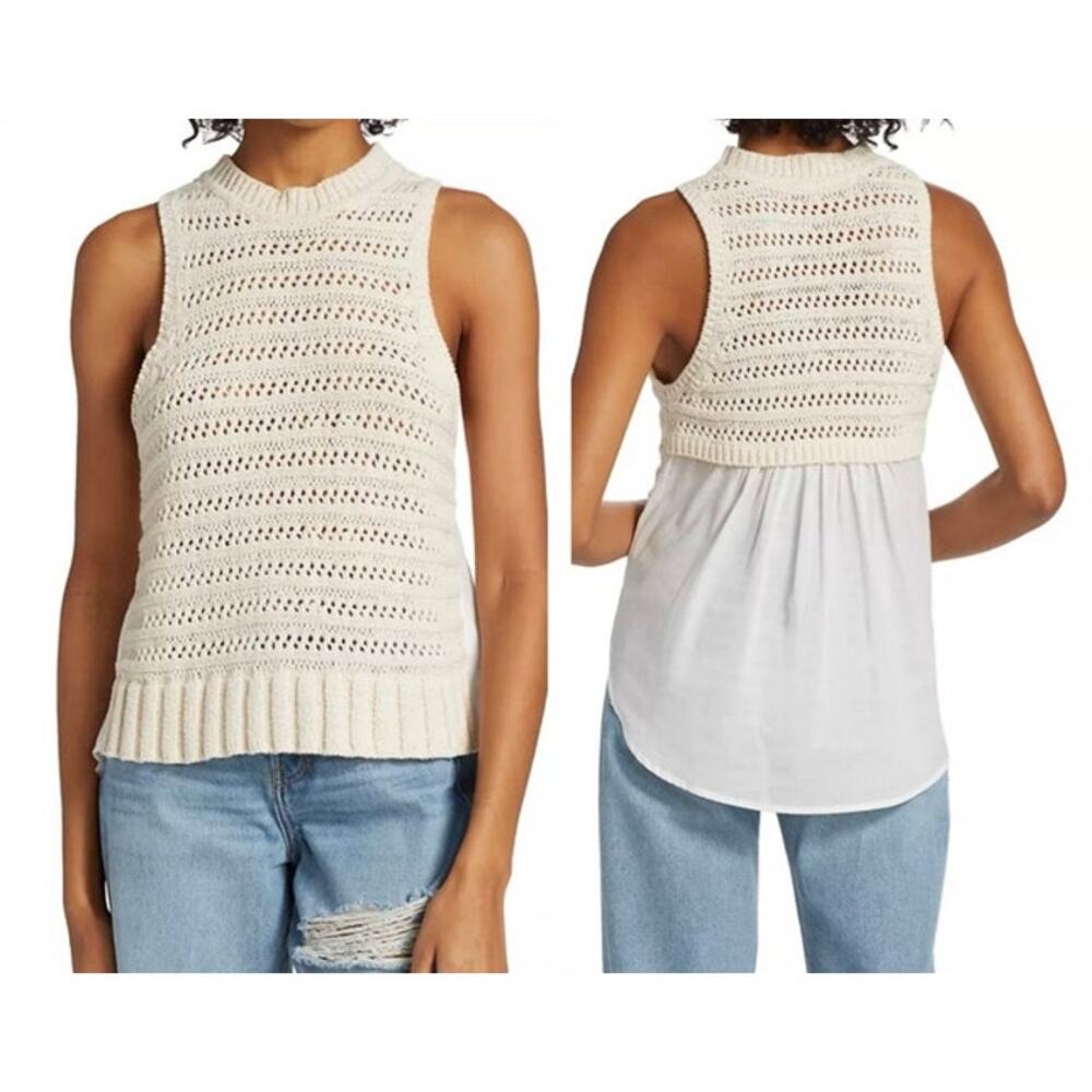 VERONICA BEARD SADE MIXED-MEDIA TANK TOP IN IVORY SIZE MEDIUM COTTON BLEND